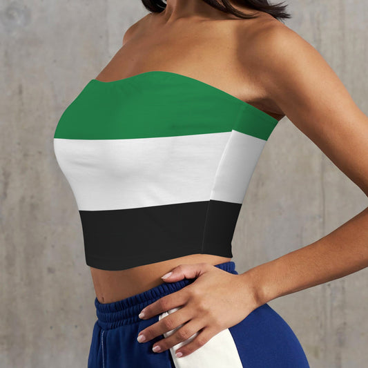 Woman wearing [Brand] strapless top, green, white, black stripes.