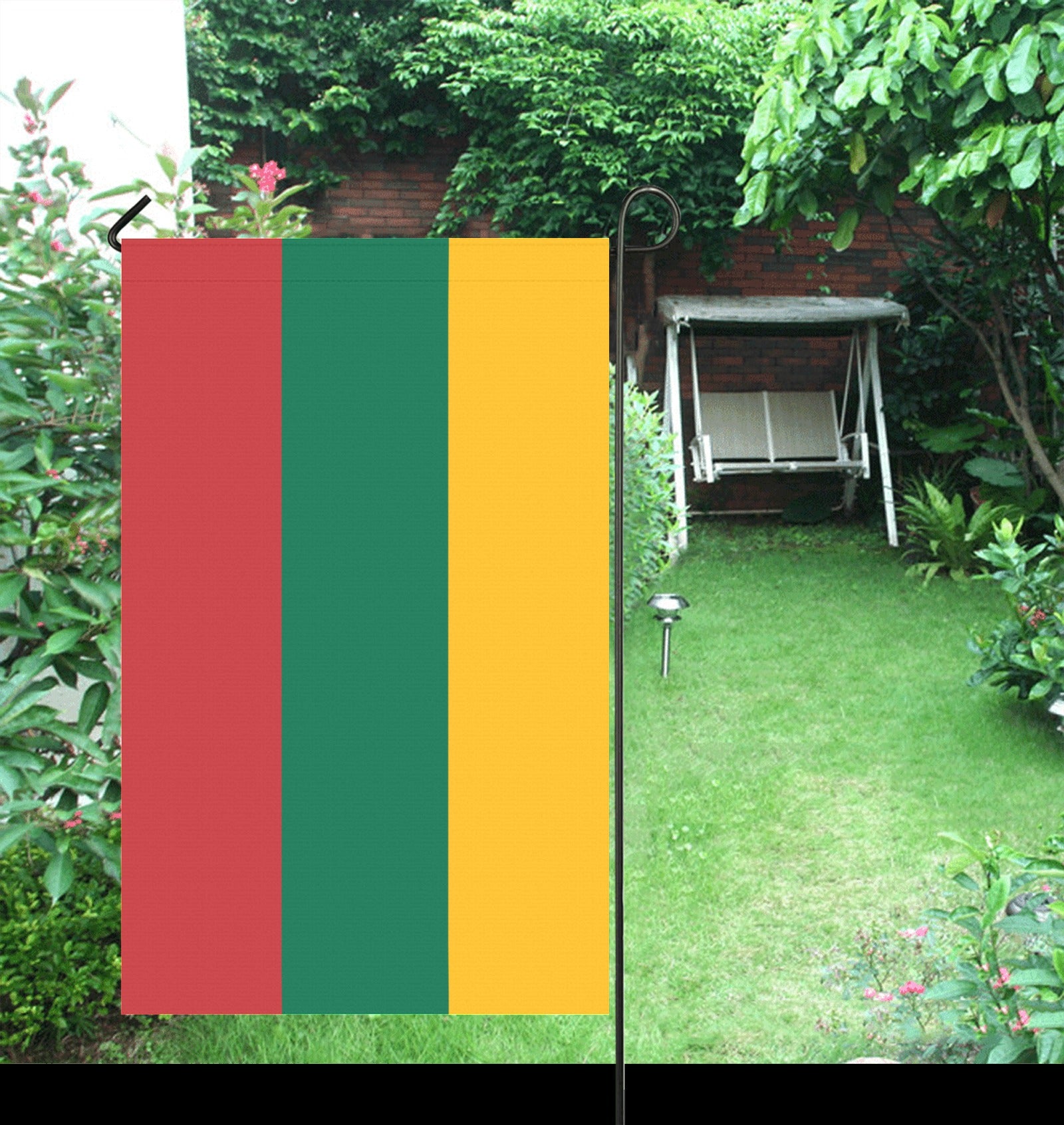 Luv My Flag garden flag with red, green, yellow stripes.