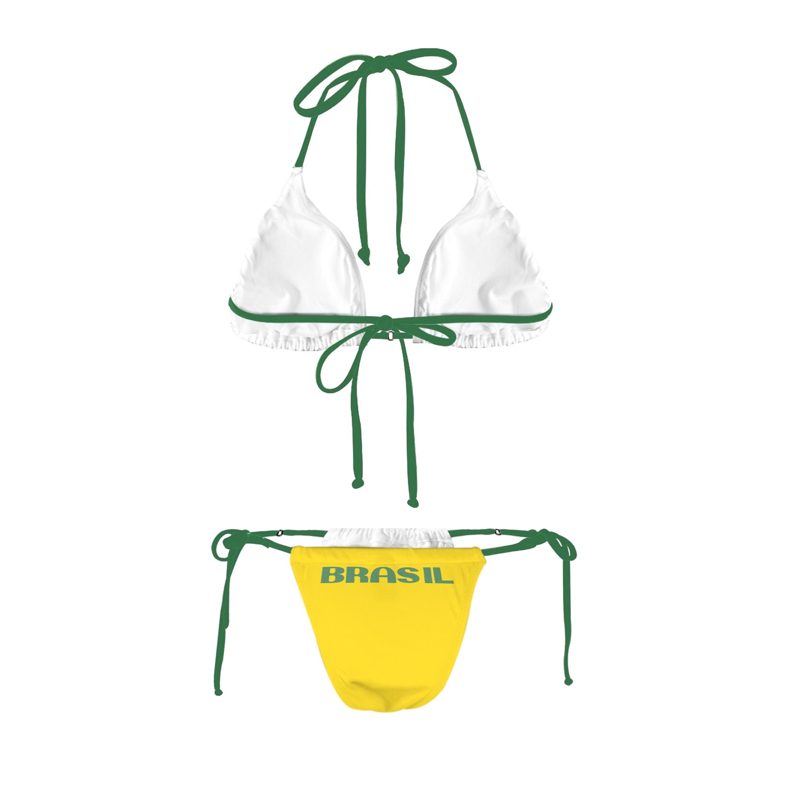 [Brand] bikini featuring green ties, "Brasil" on yellow bottom.