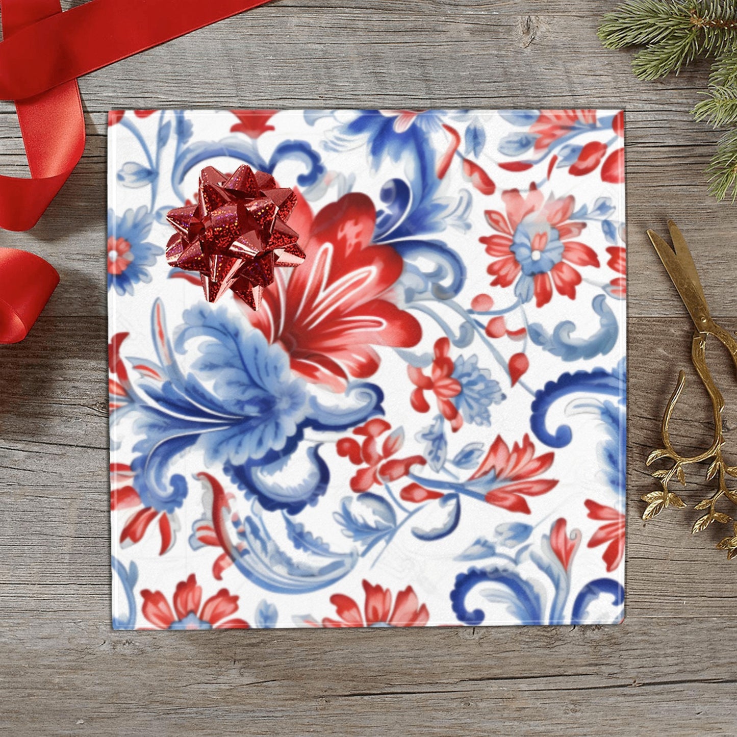 USA/American Flag Inspired Red White & Blue Floral Paisley Pattern Custom Gift Wrapping Paper 58"x 22.5" (4 Rolls)