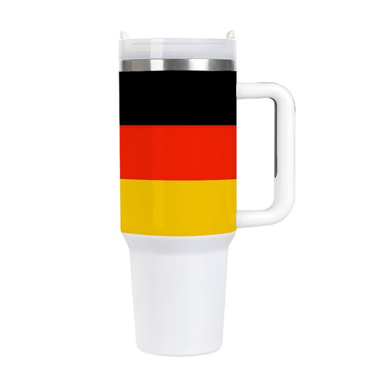 White travel mug with Germany flag colors by [Brand].