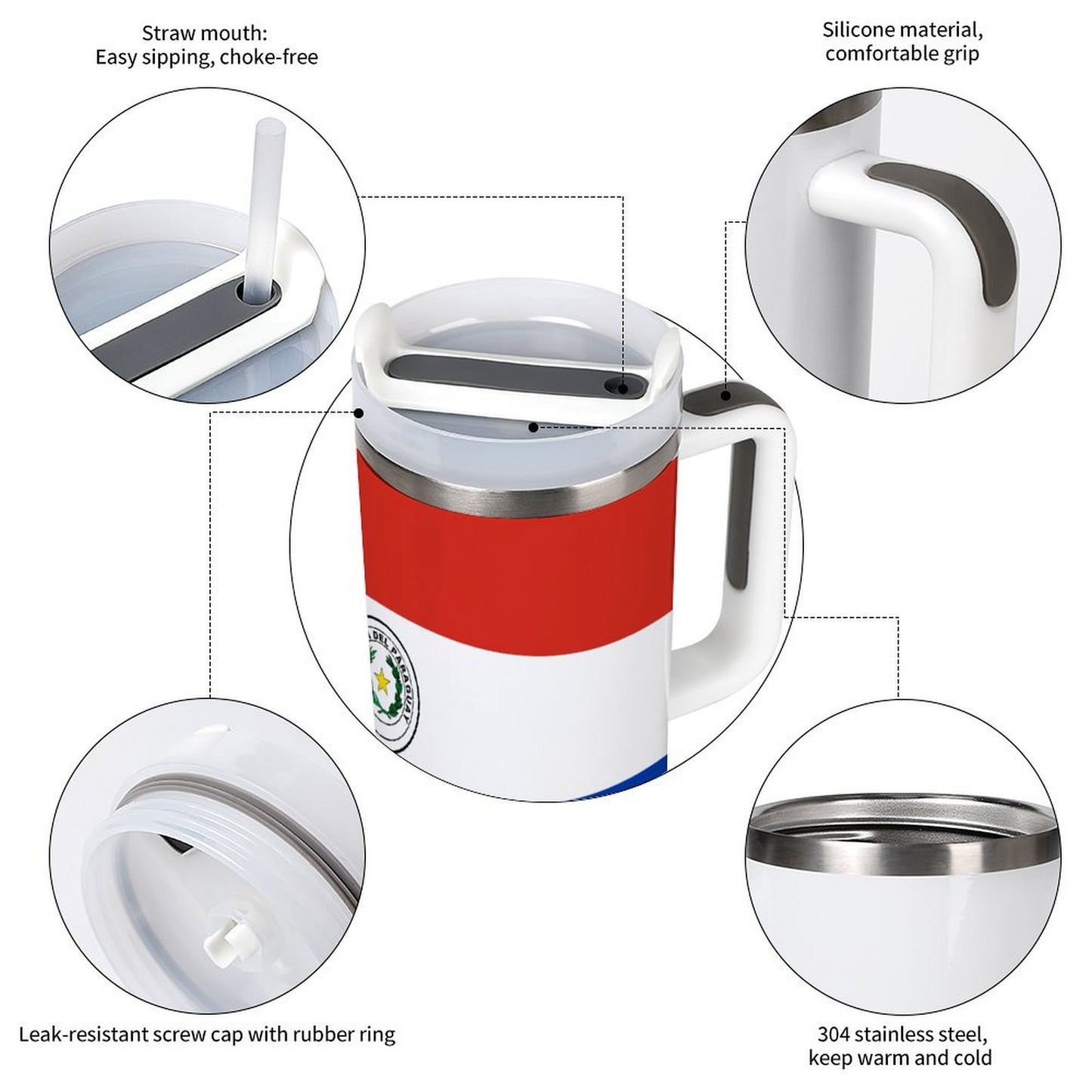 [Brand] insulated mug with straw, handle, and leak-resistant lid.