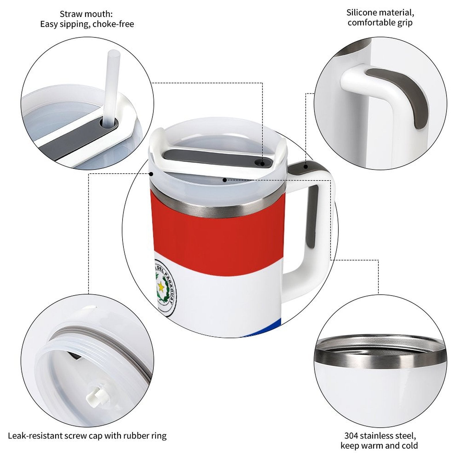 [Brand] insulated mug with straw, handle, and leak-resistant lid.