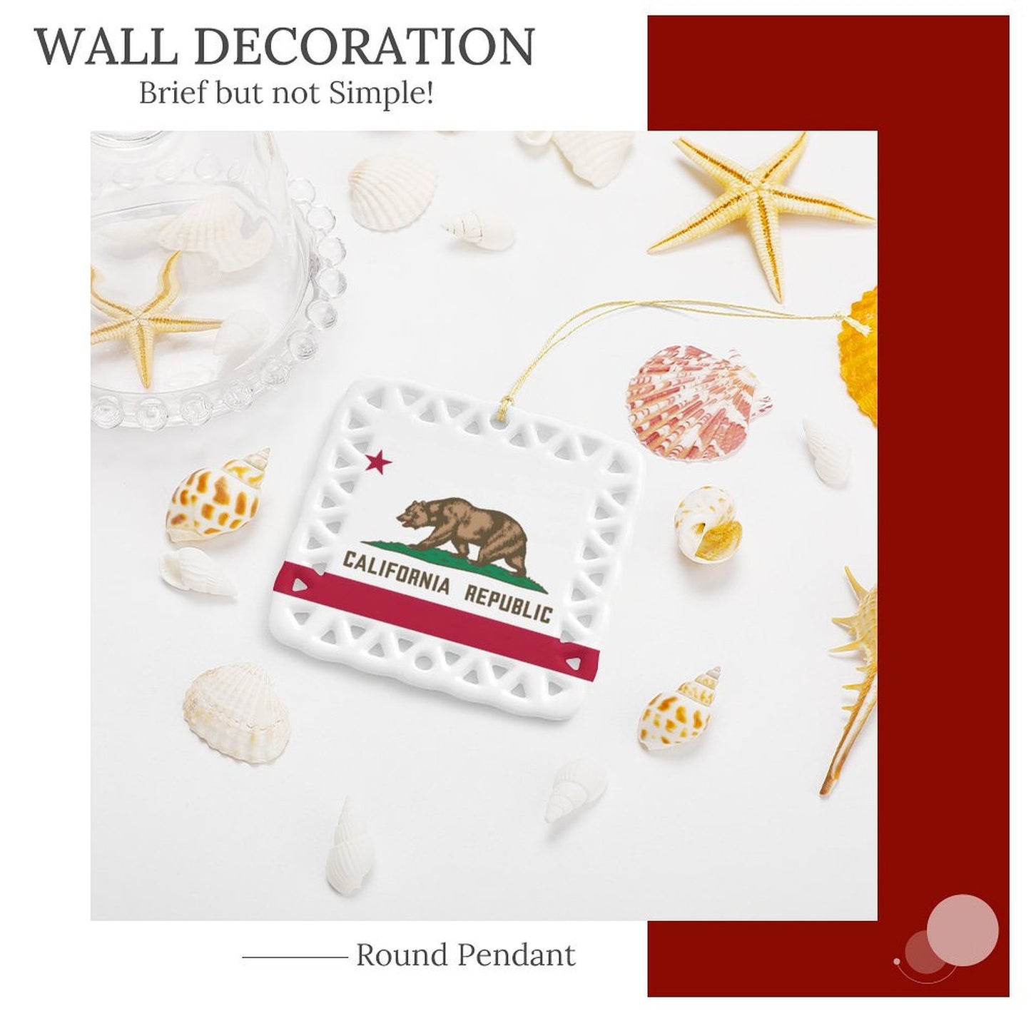 California Flag Inspired Square Ceramic Ornament Made in the USA