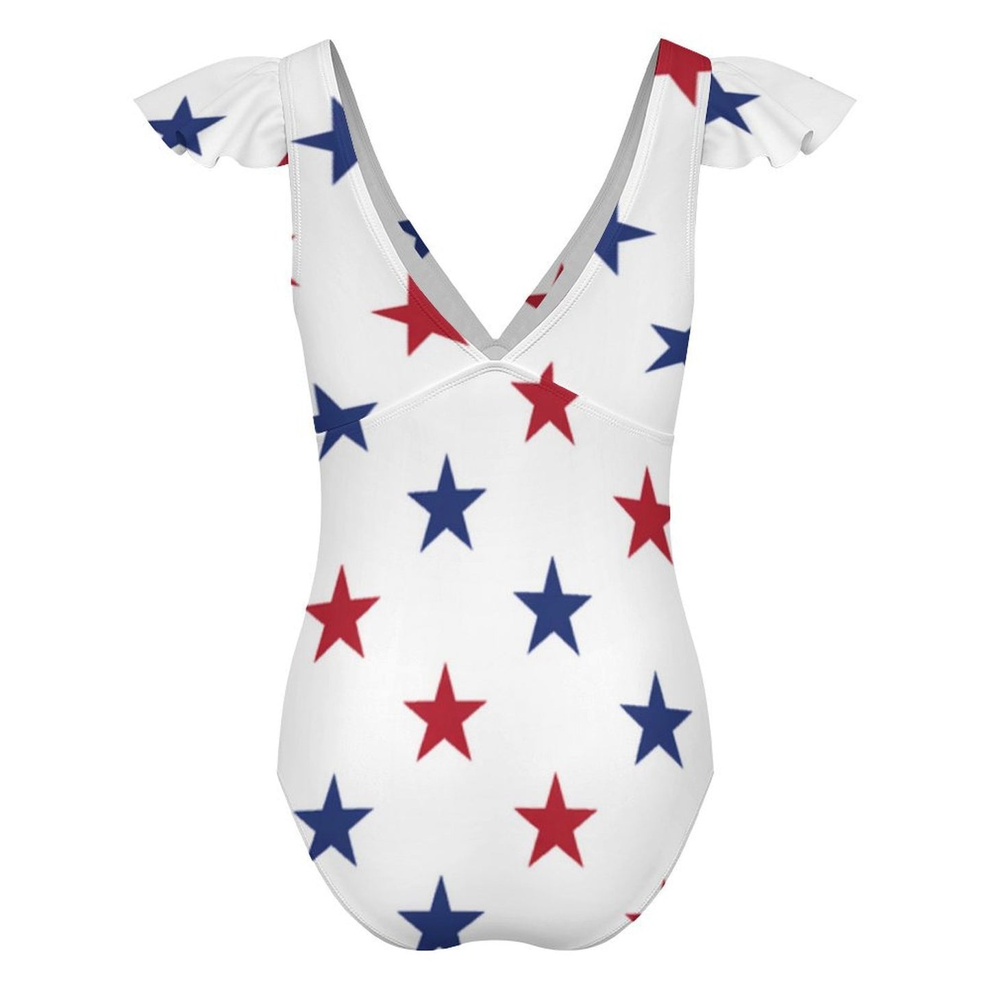 USA/American Flag Inspired Red and Blue Stars Women's V-neck Ruffle Sleeve One Piece Swimsuit