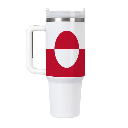 [Brand] insulated mug featuring red and white abstract design.
