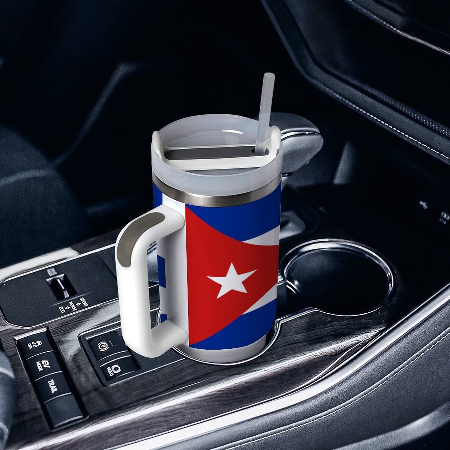 [Brand] travel mug with Cuban flag design in car holder.