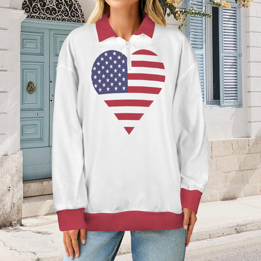 American Flag Heart Women's Quarter Zip Pullover Sweatshirt