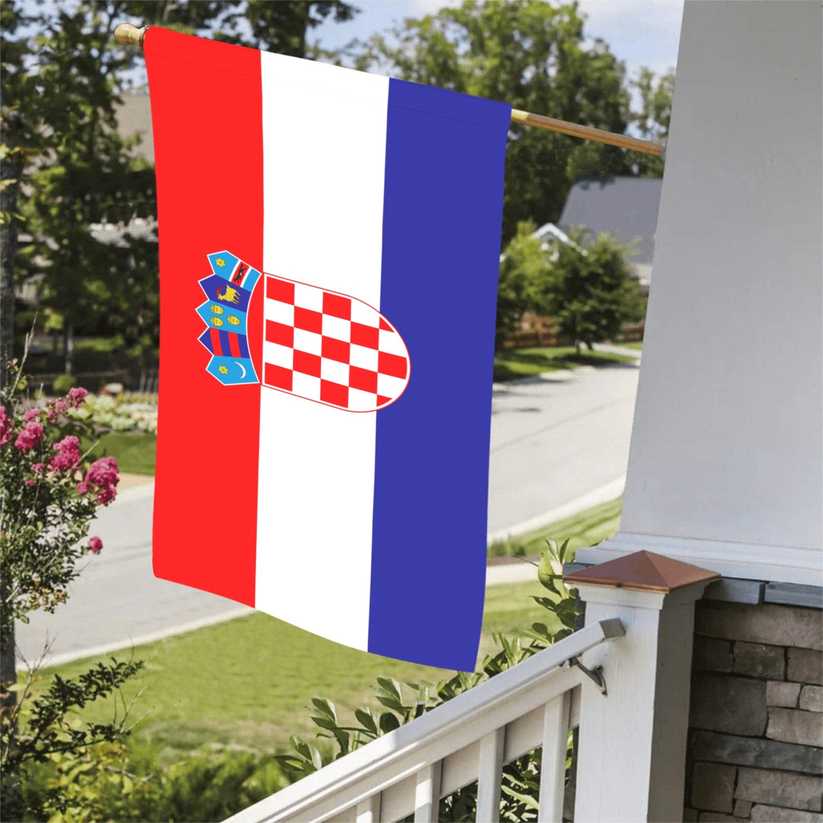 Luv My Flag Croatian flag displayed outside on porch railing.