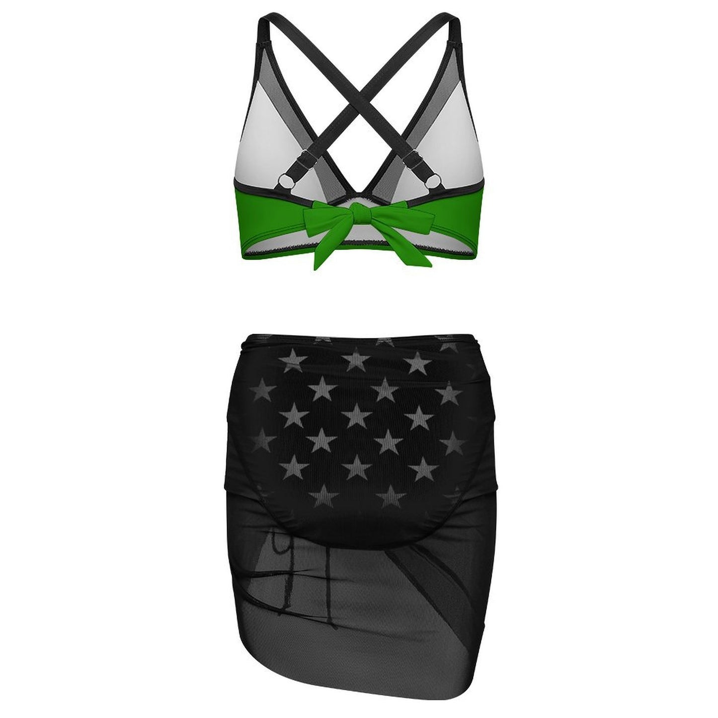 Thin Green Line Flag Inspired Style-2 Women's Mesh Drawstring Skirt and Swimsuit Set