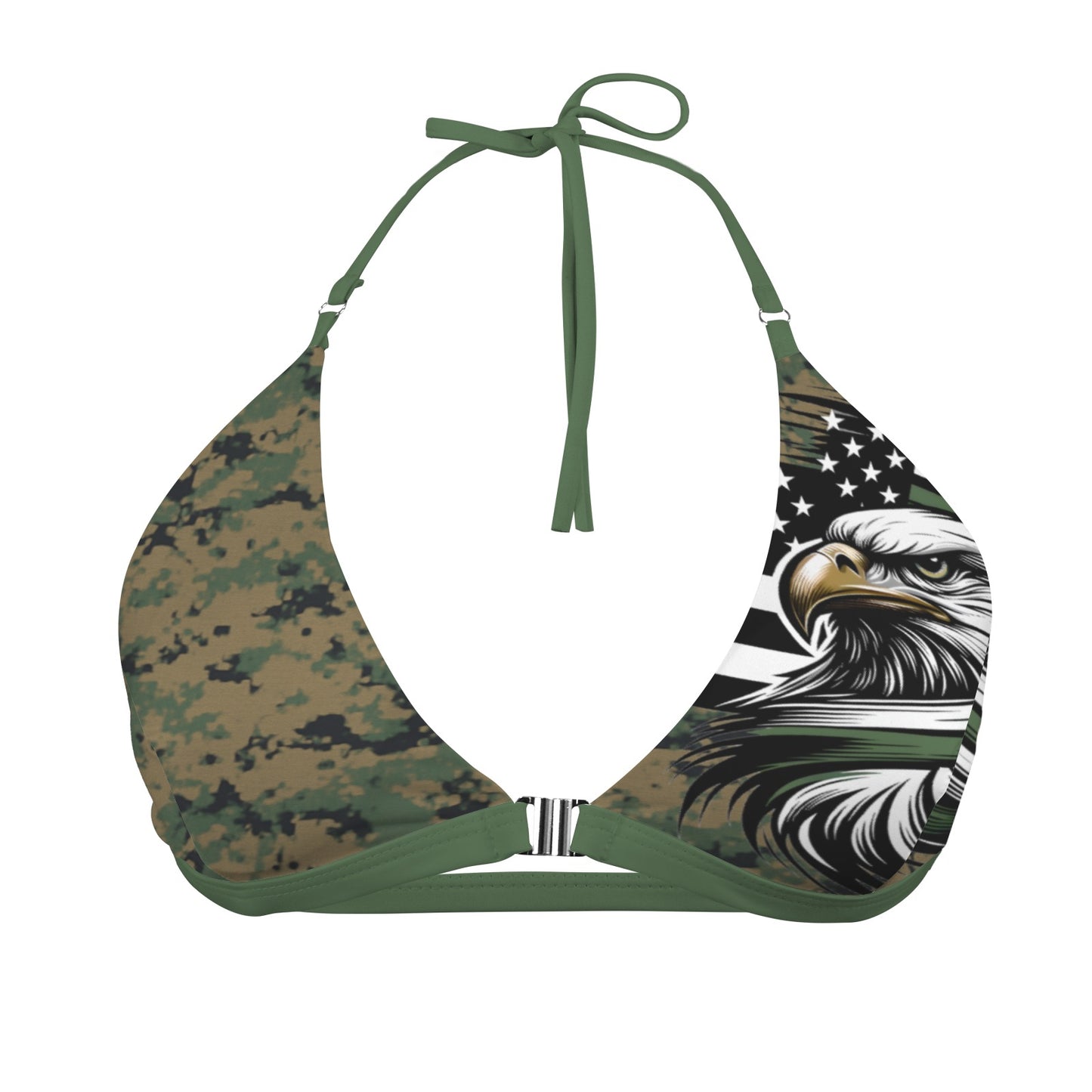 Thin Green Line Flag Inspired Eagle on Digital Camo Women's Halter Bikini Top with Front Buckle