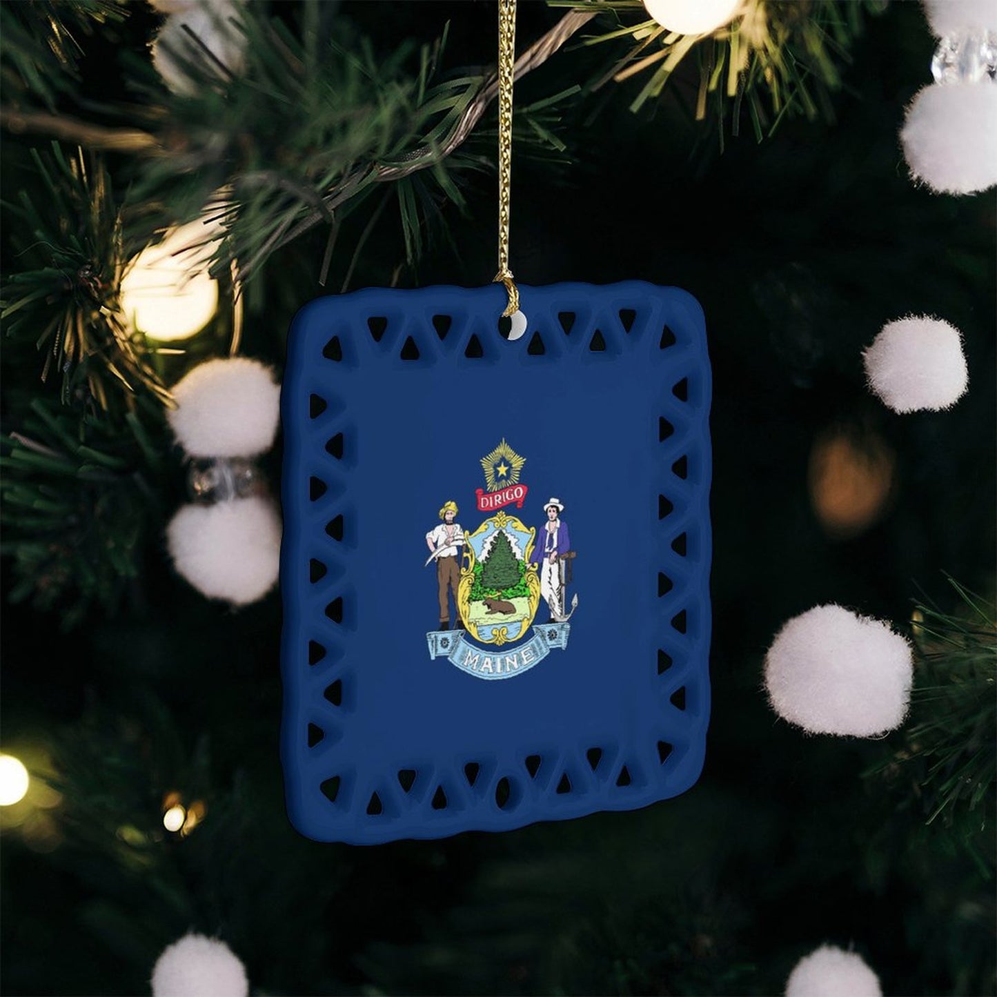 Maine Flag Inspired Square Ceramic Ornament Made in the USA