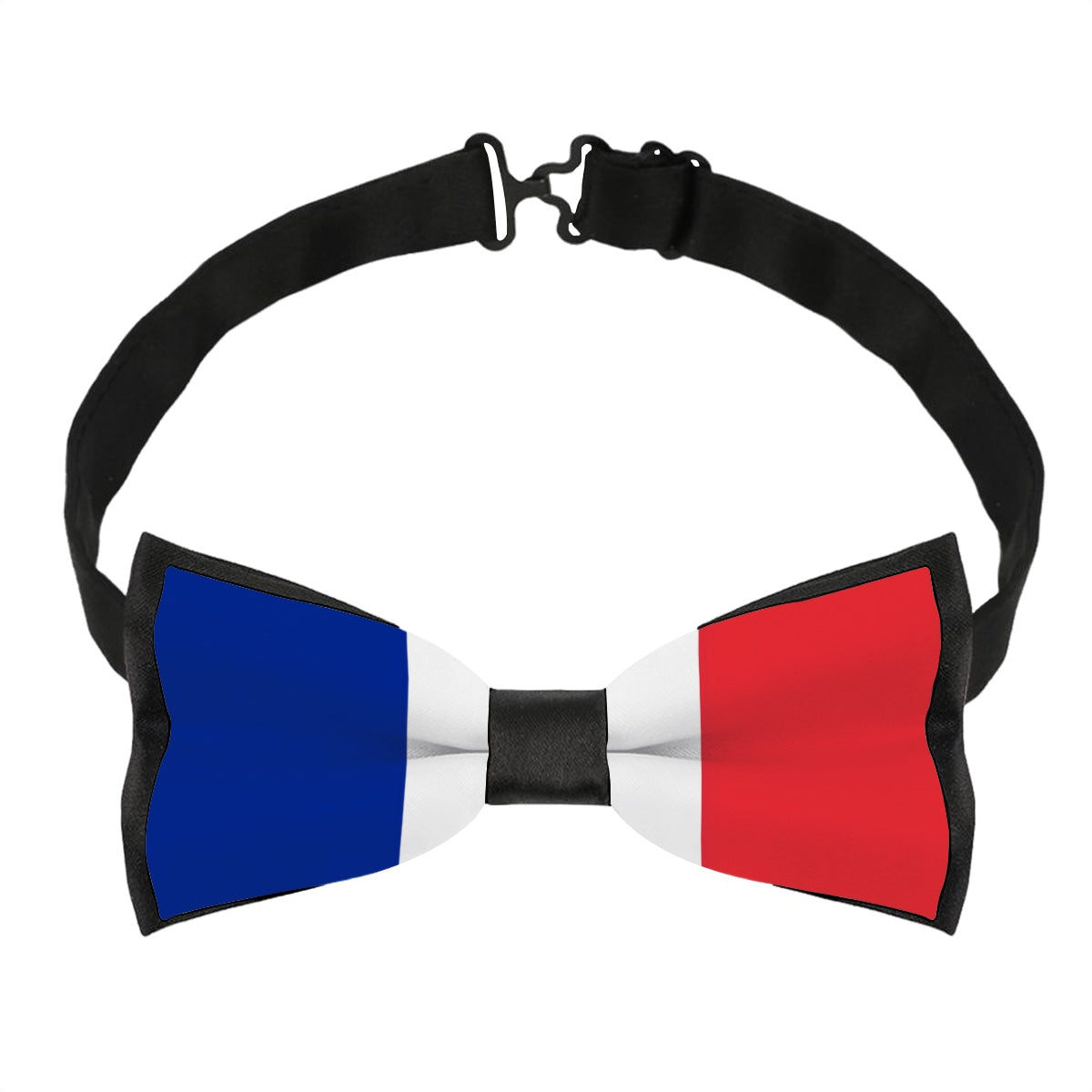 [Brand] French flag-inspired bow tie with adjustable black strap.