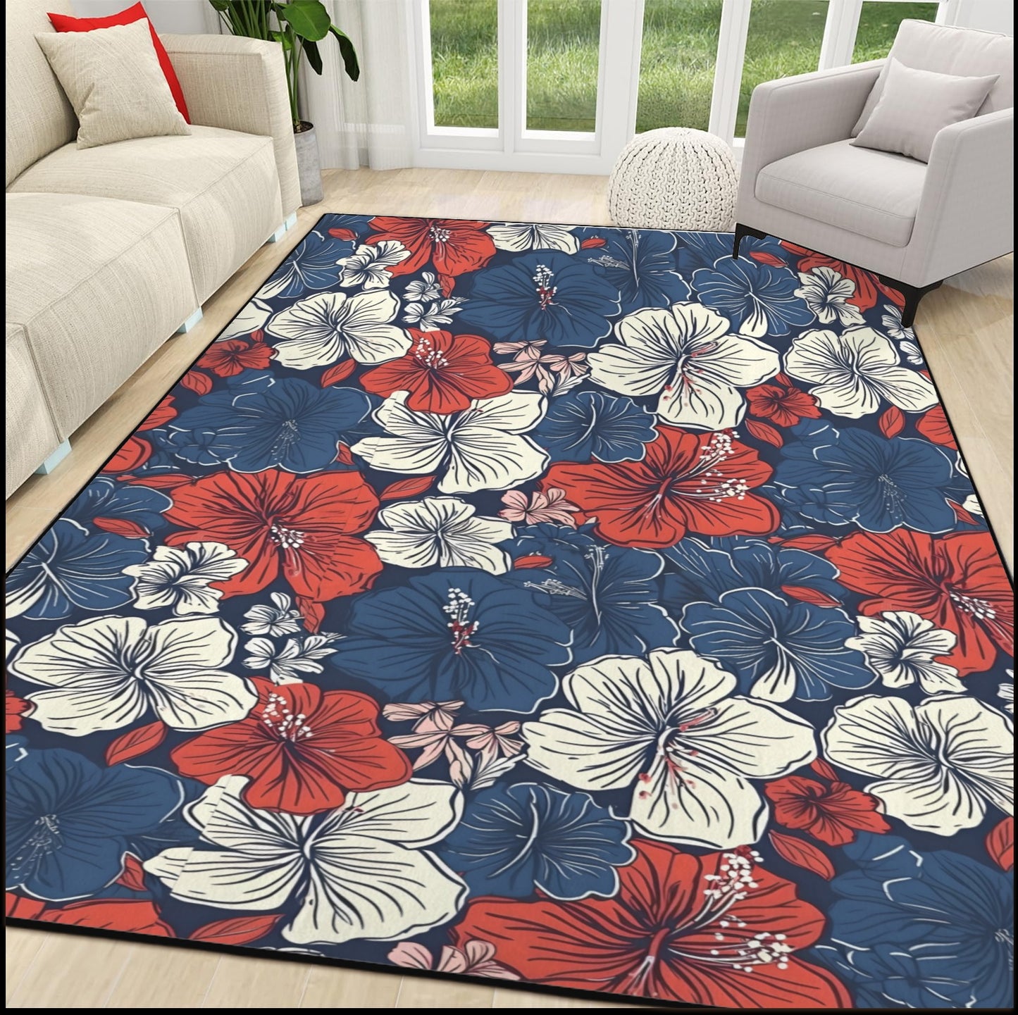 USA/American Flag Inspired Hawaiian Floral Pattern 84x60 Inch Area Rug with Black Binding (Made in the USA)