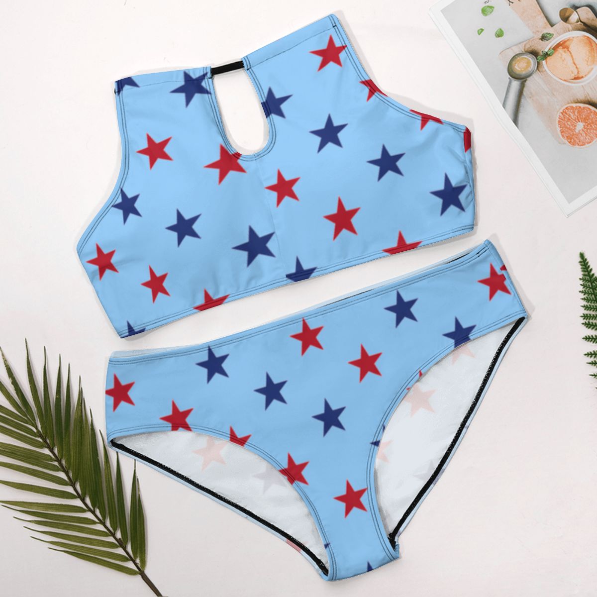 USA/American Flag Inspired Red and Blue Stars Pattern Plus Size High Waisted Bikini Light Blue