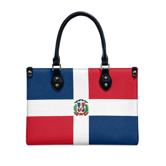 [Brand] handbag featuring Dominican flag design with black handles.