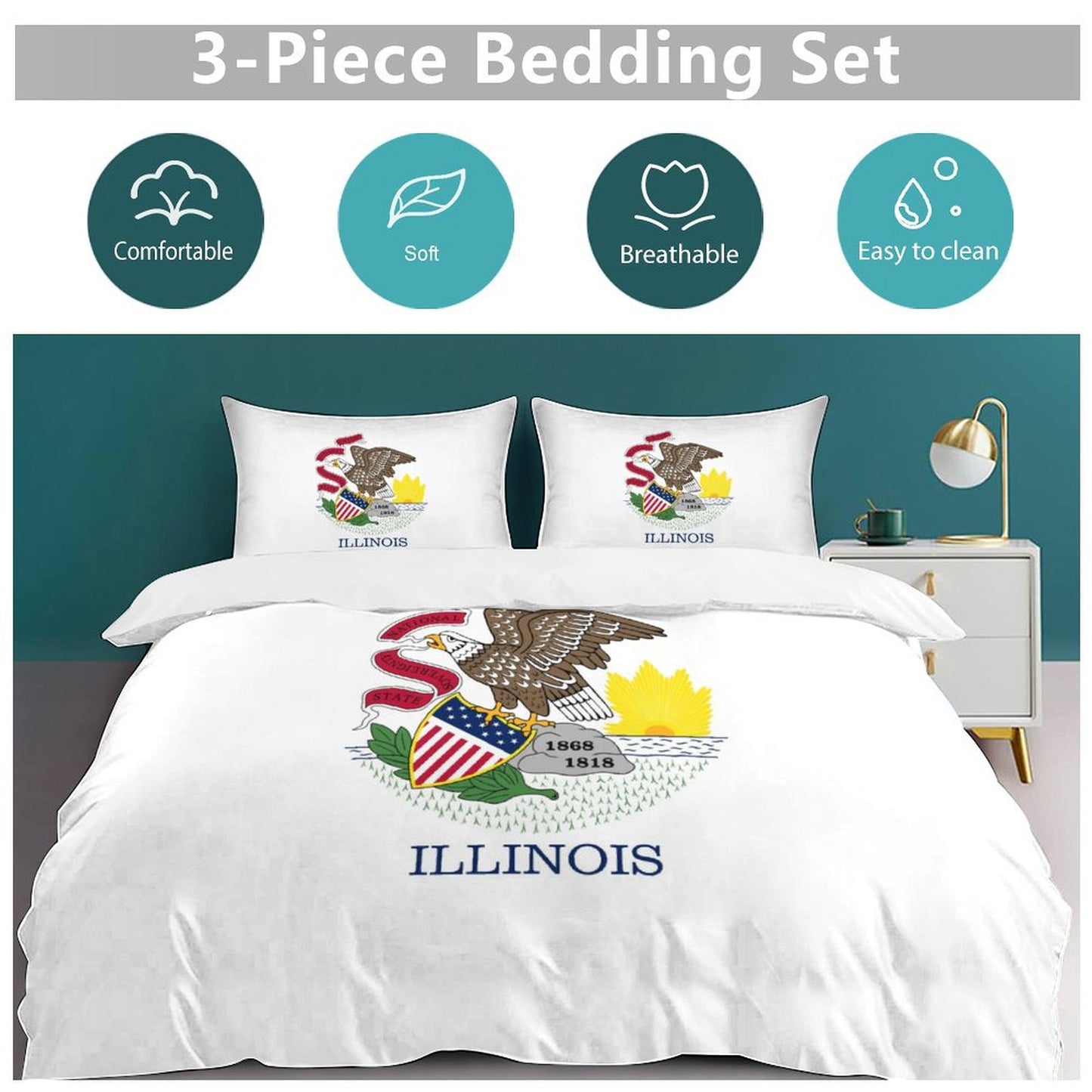 Illinois Flag Inspired 3-Piece Bedding Set (1 Duvet Cover + 2 Pillow Shams) – 102"×90"