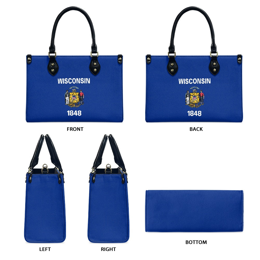 [Brand] blue handbag with Wisconsin 1848 emblem design.