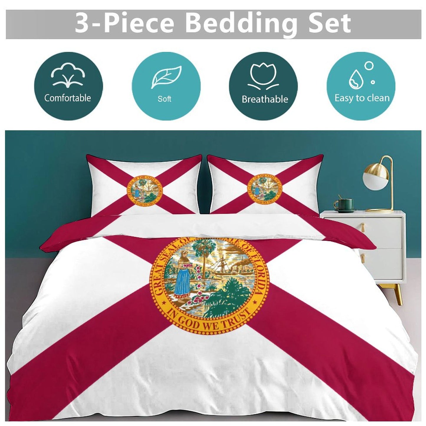 Florida Flag Inspired 3-Piece Bedding Set (1 Duvet Cover + 2 Pillow Shams) – 102"×90"