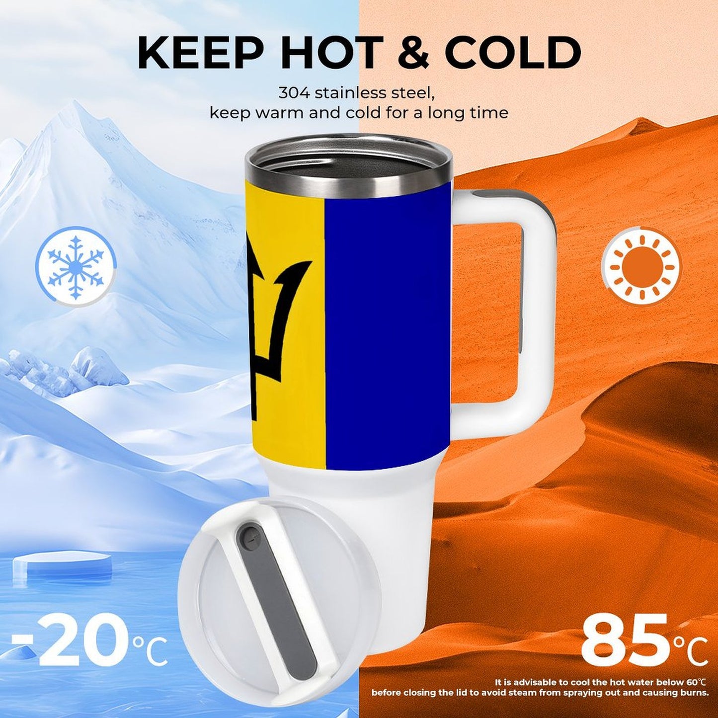 [Brand] mug maintaining temperature in icy and desert environments.