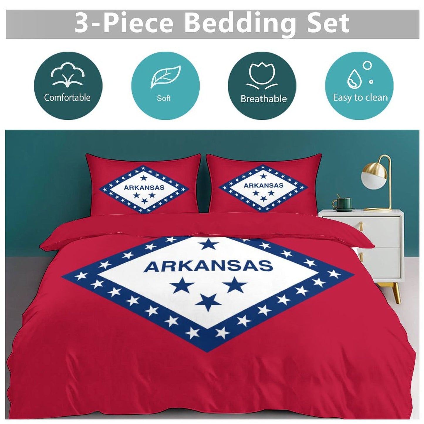 Arkansas Flag Inspired 3-Piece Bedding Set (1 Duvet Cover + 2 Pillow Shams) – 102"×90"