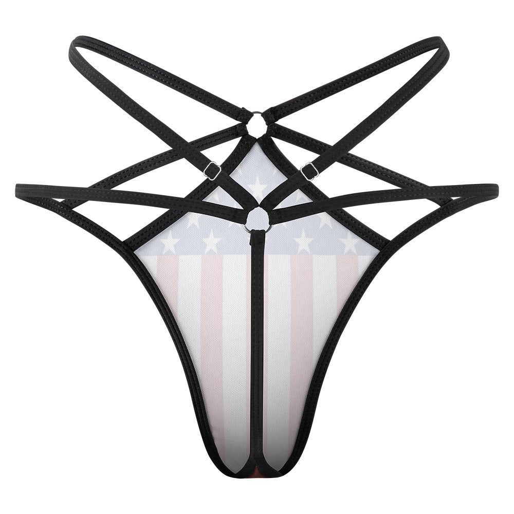 Black strappy lingerie with American flag design, [Brand]. Front view.