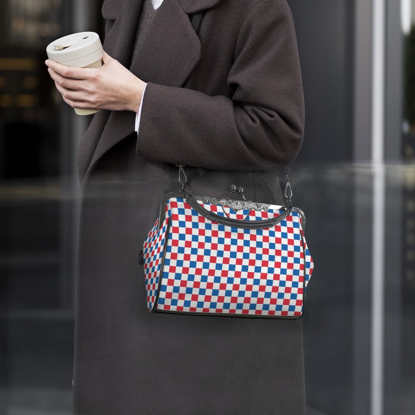 USA/American Flag Inspired Checkered Pattern Kisslock Crossbody Shoulder Bag