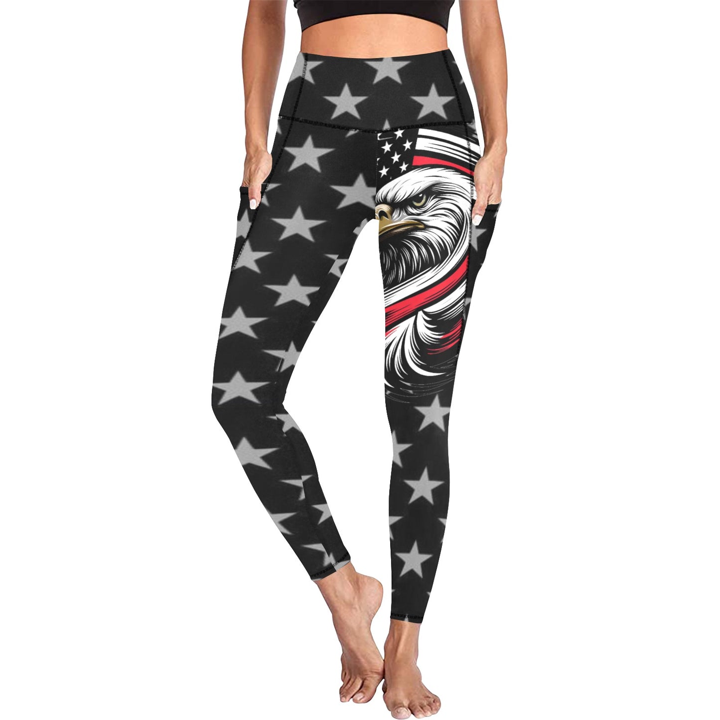 Thin Red Line Flag Inspired Eagle Women's High Waist Leggings with Pockets
