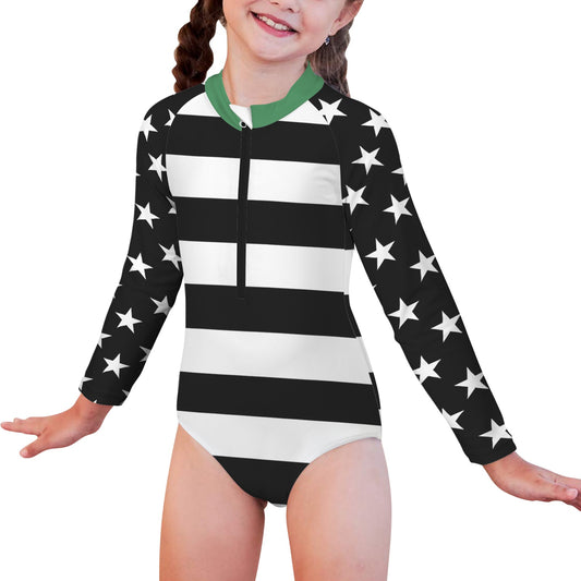 Thin Green Line Flag Little Girls' Long Sleeve One-Piece Swimsuit