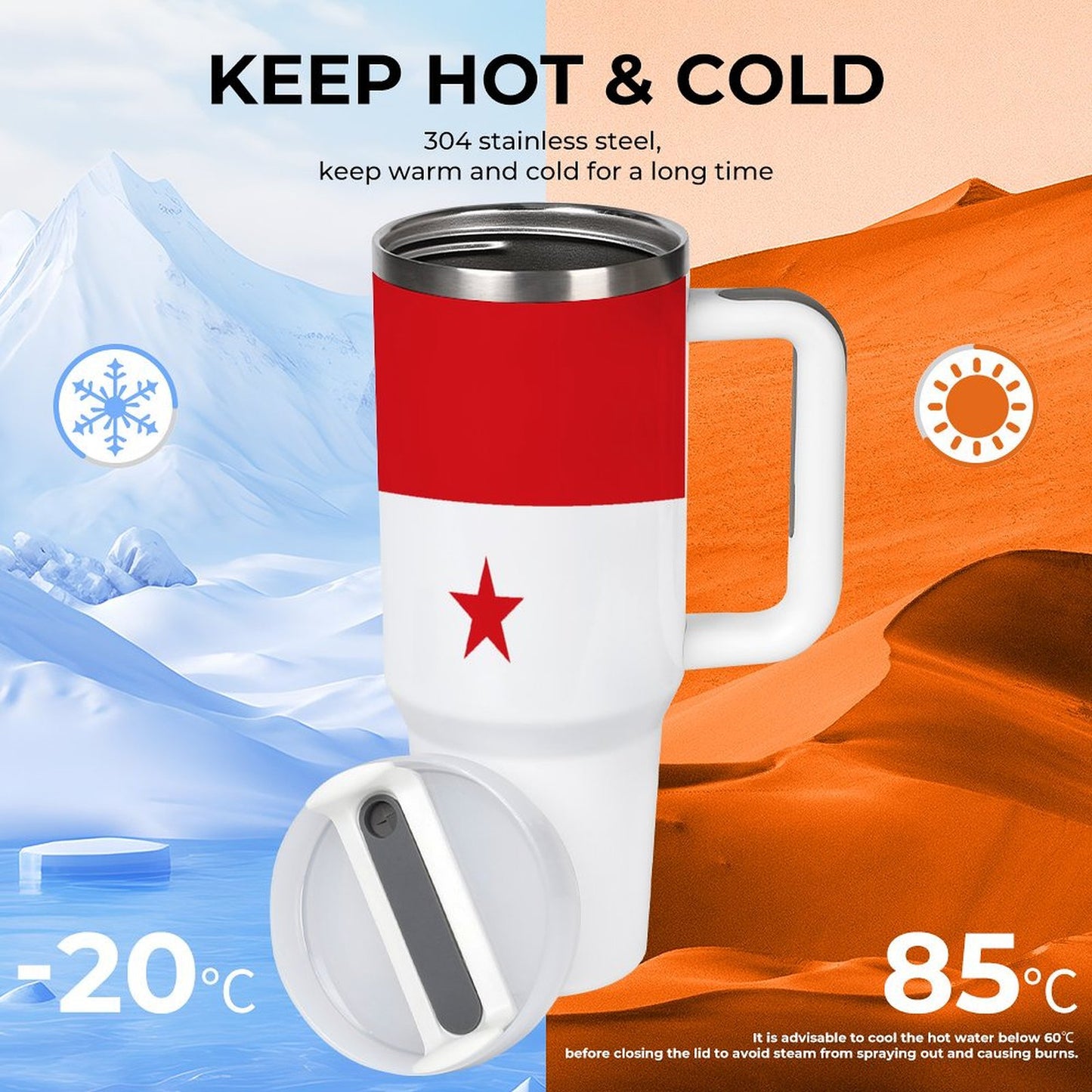 [Brand] insulated mug keeps beverages hot and cold efficiently.