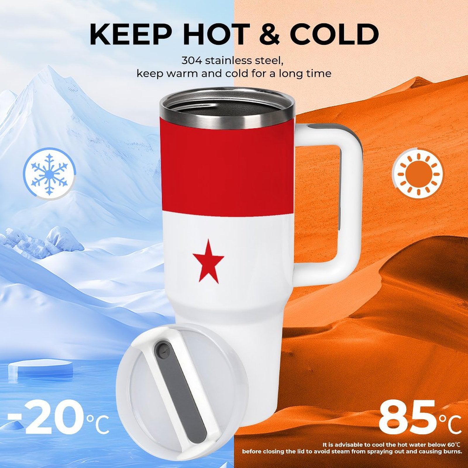 [Brand] insulated mug keeps beverages hot and cold efficiently.