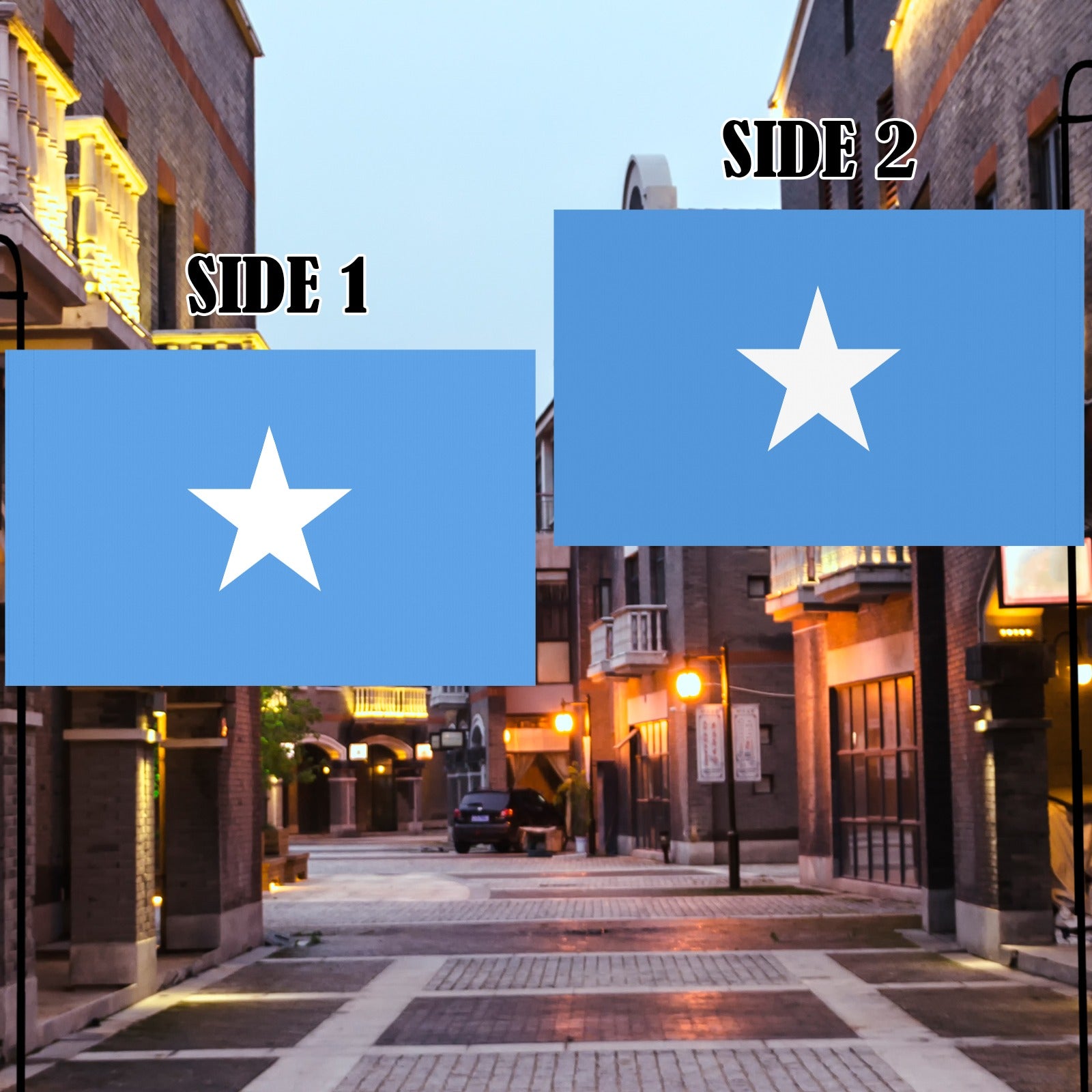Two blue flags with white stars hanging outside, [Luv My Flag].