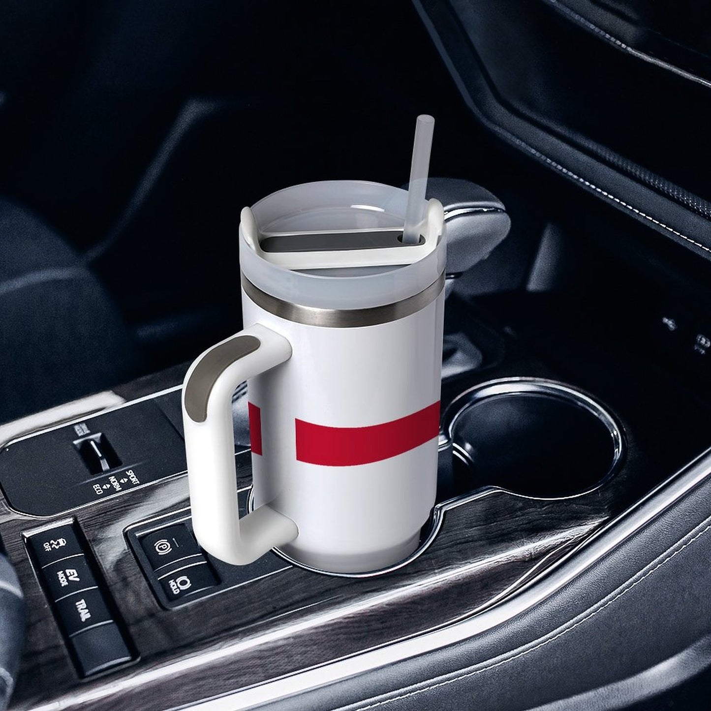 [Brand] mug with handle in car cup holder, straw.
