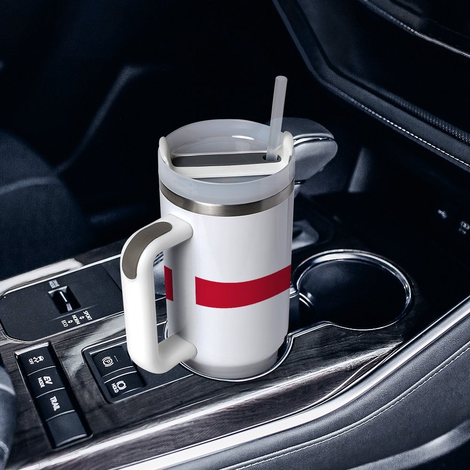 [Brand] mug with handle in car cup holder, straw.