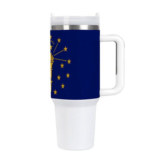 White travel mug featuring Indiana state flag by [Brand].