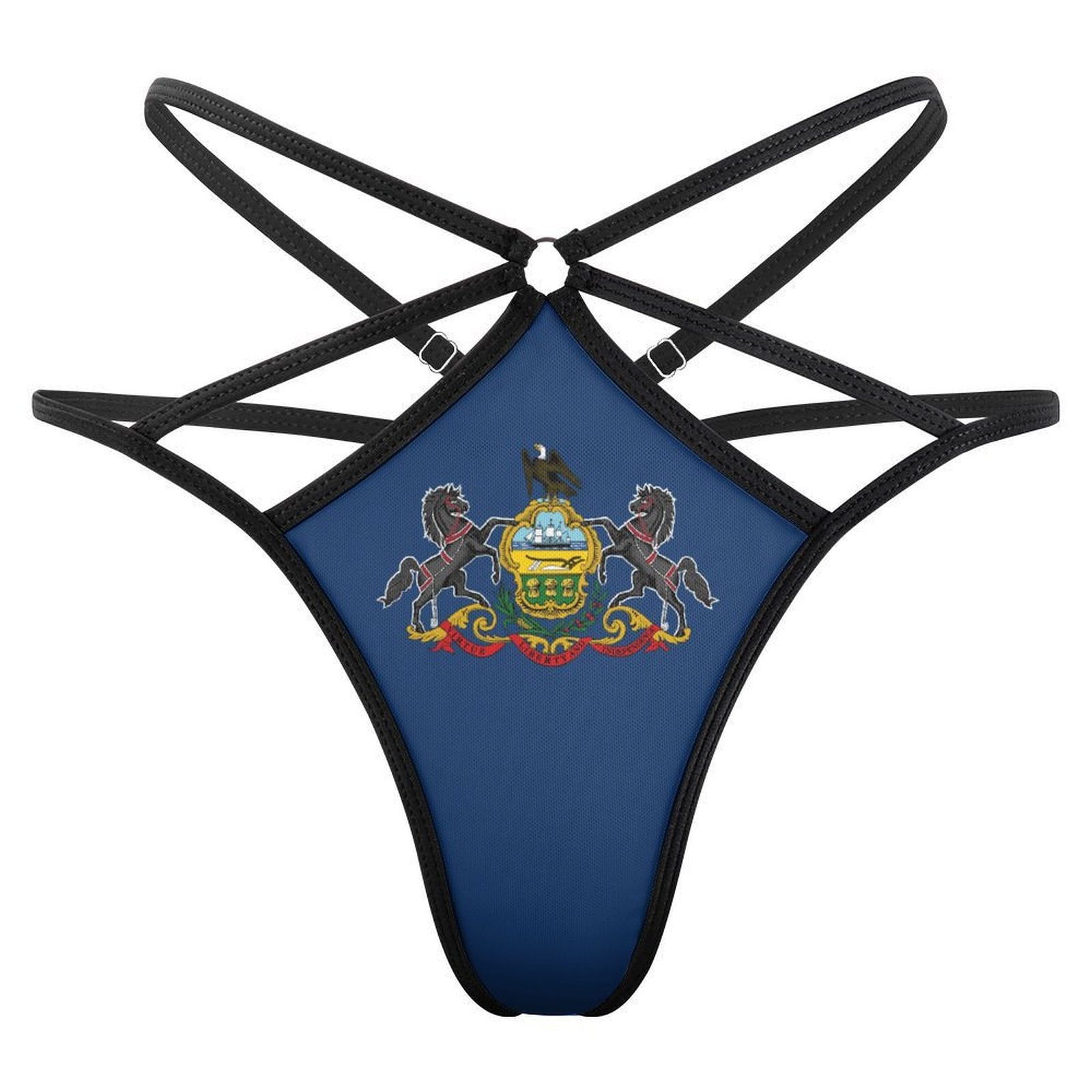 Black strappy bikini featuring Pennsylvania flag design, [Brand].