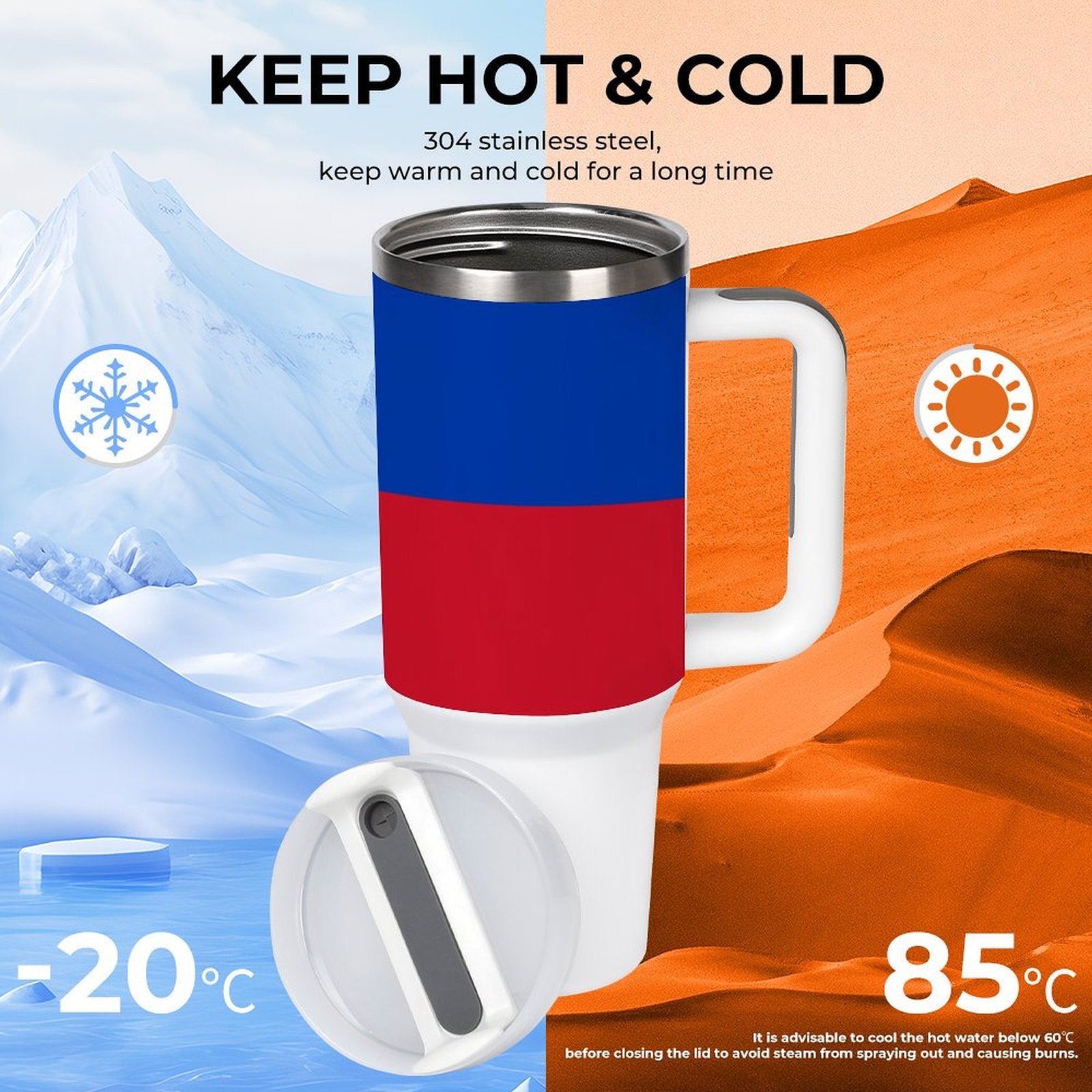 [Brand] insulated mug in snowy and desert setting, highlighting temperatures.