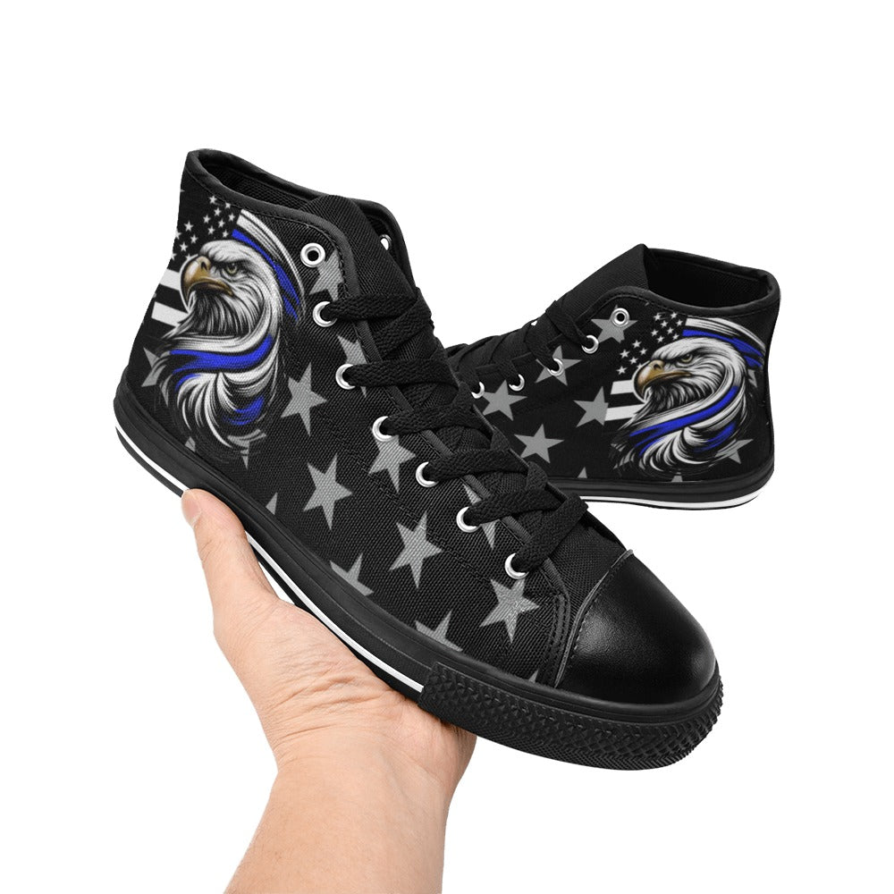 Thin Blue Line Flag Inspired Eagle "BACK THE BLUE" Kid's High Top Canvas Shoes