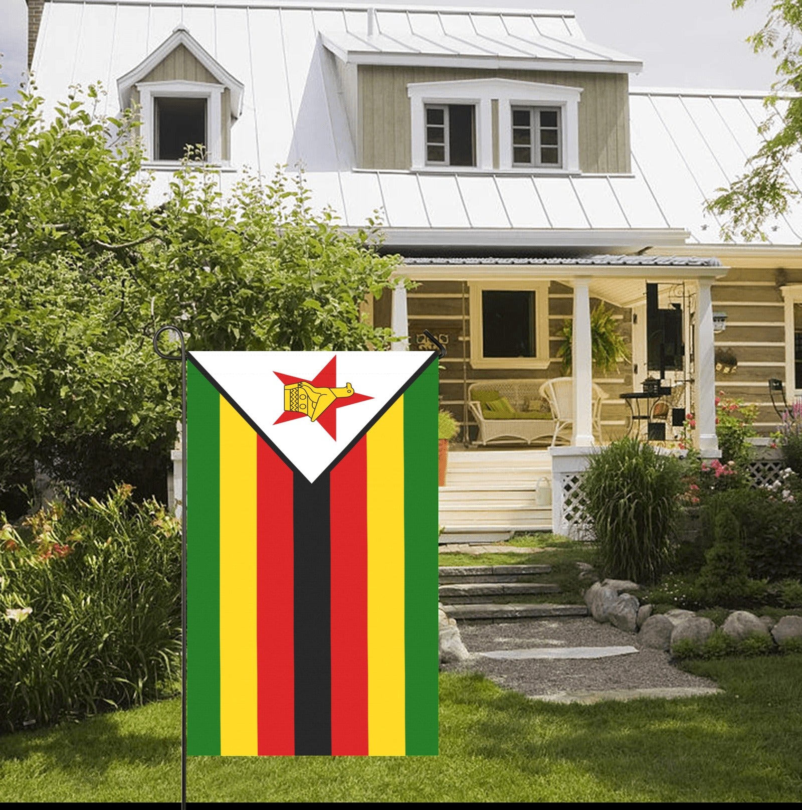 House with Zimbabwean flag by Luv My Flag, garden setting.