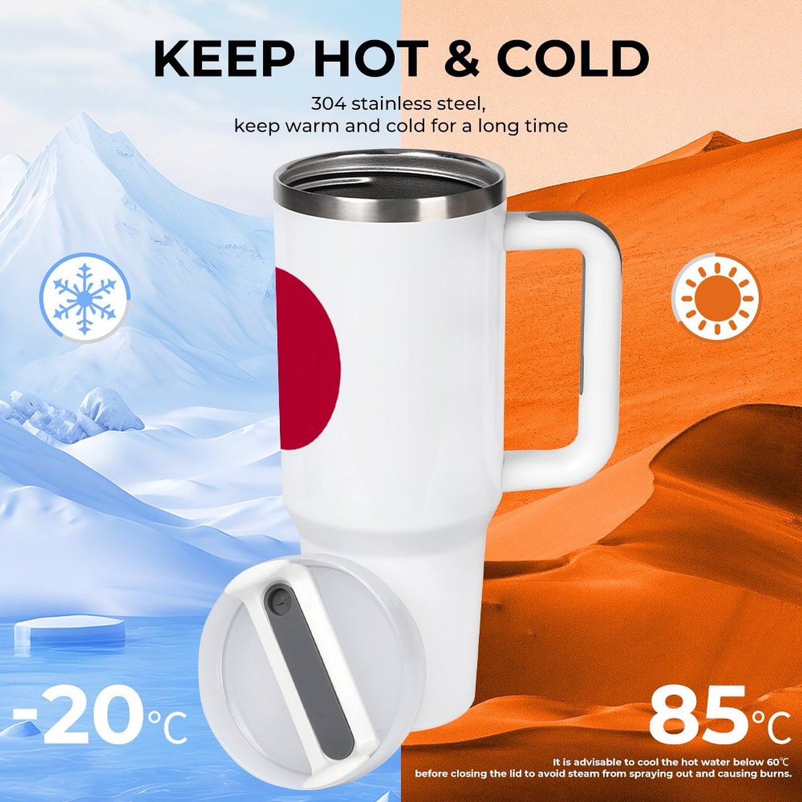 [Brand] insulated mug keeps beverages hot or cold efficiently.