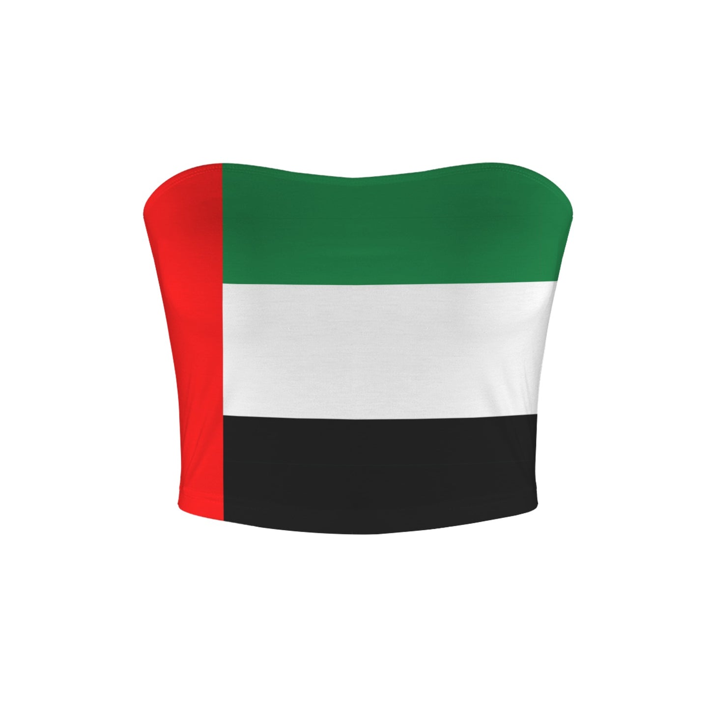 [Brand] strapless top featuring United Arab Emirates flag design.