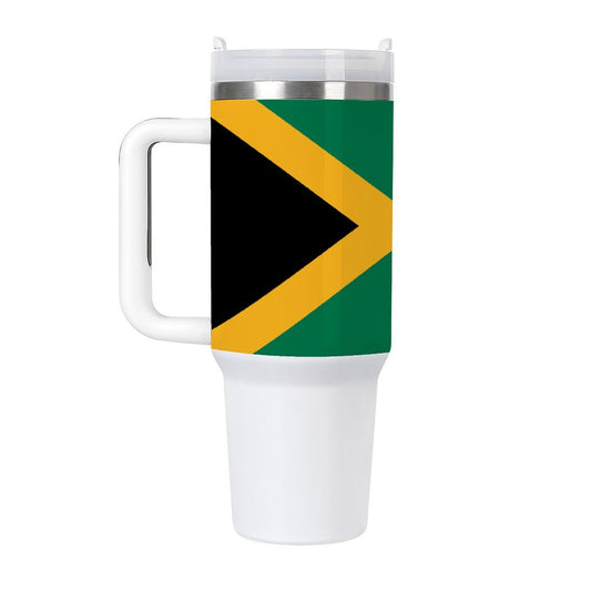 White travel mug with Jamaica flag design by [Brand].