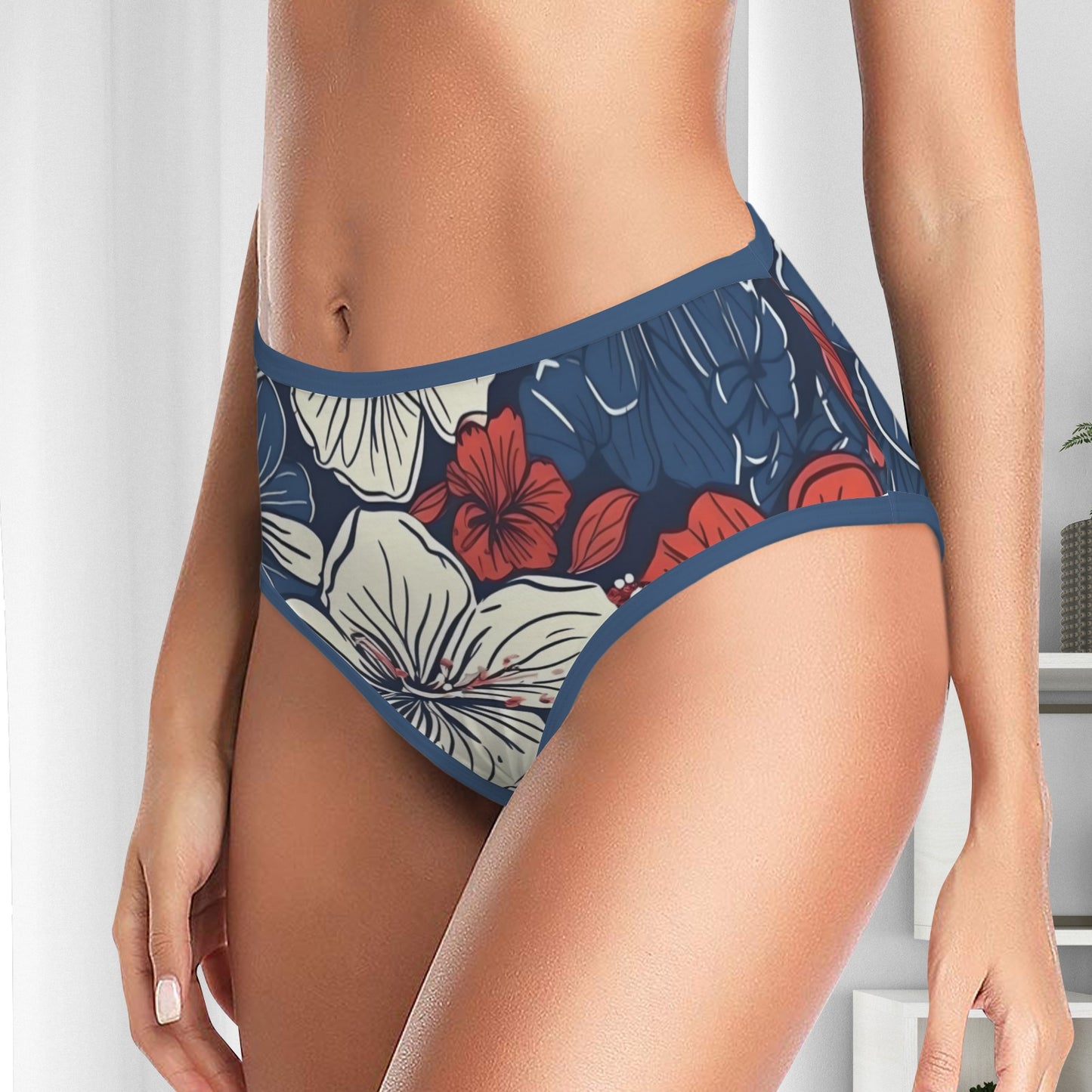 USA/American Flag Inspired Hawaiian Floral Pattern Women's High Waisted Brief