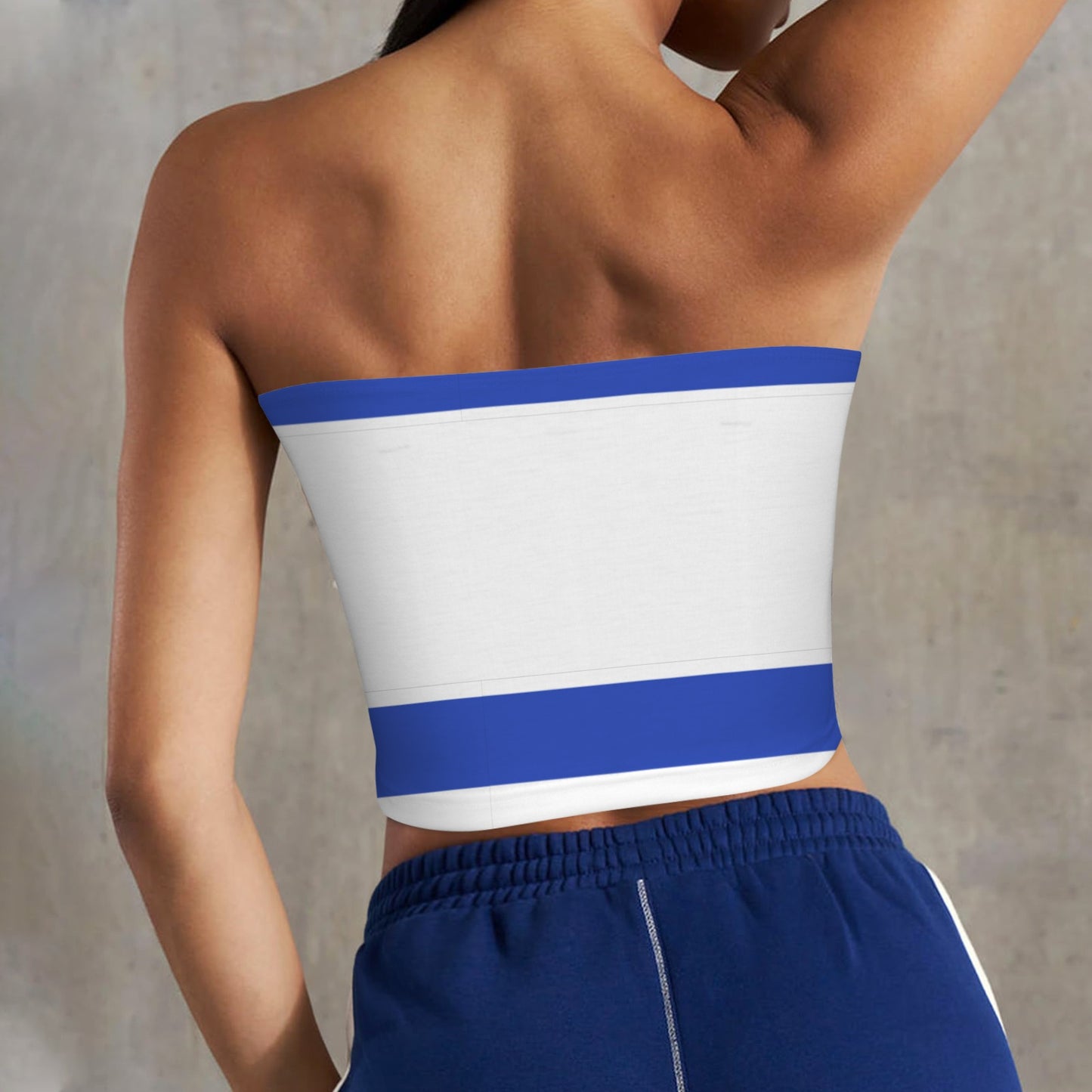Rear view of person wearing [Brand] blue and white tube top.