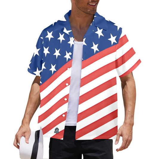 Man in [Brand] USA flag shirt holding white hat.