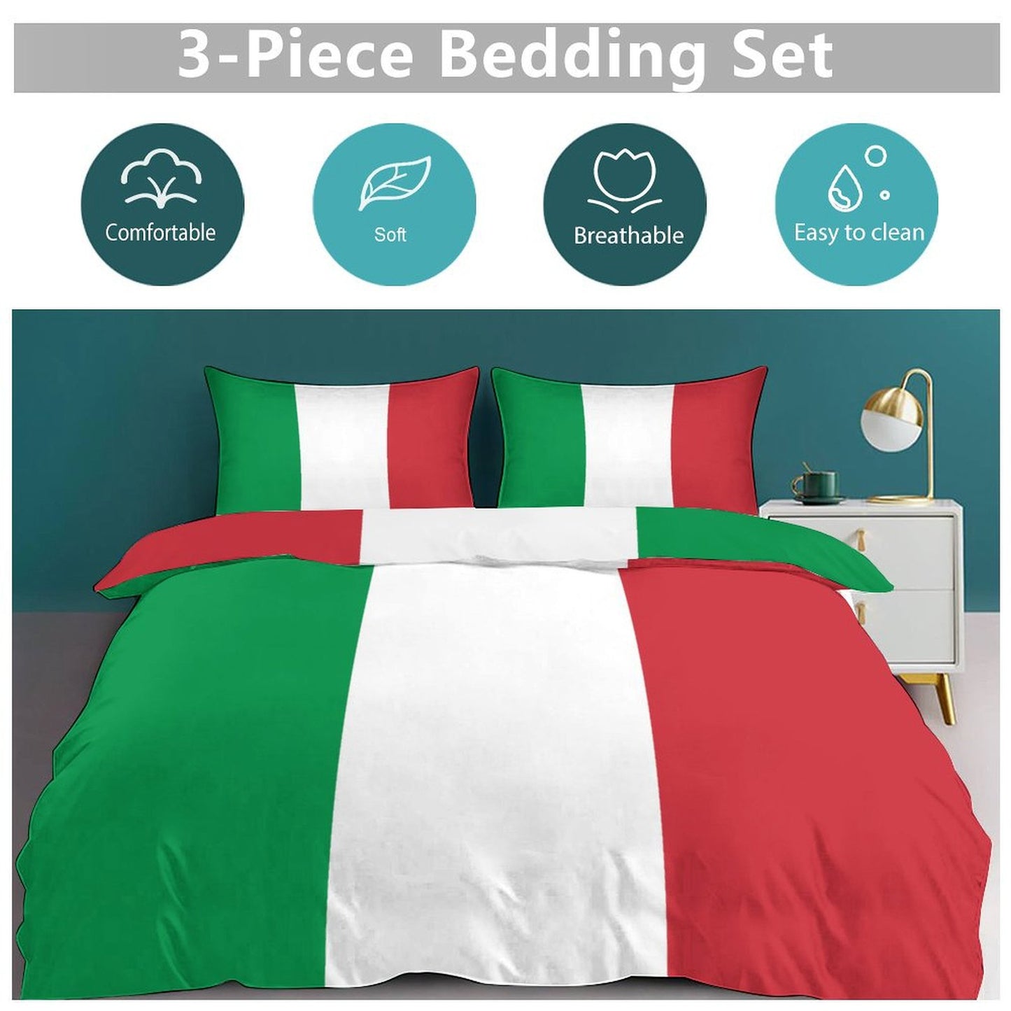Italy Flag Inspired 3-Piece Bedding Set (1 Duvet Cover + 2 Pillow Shams) – 102"×90"