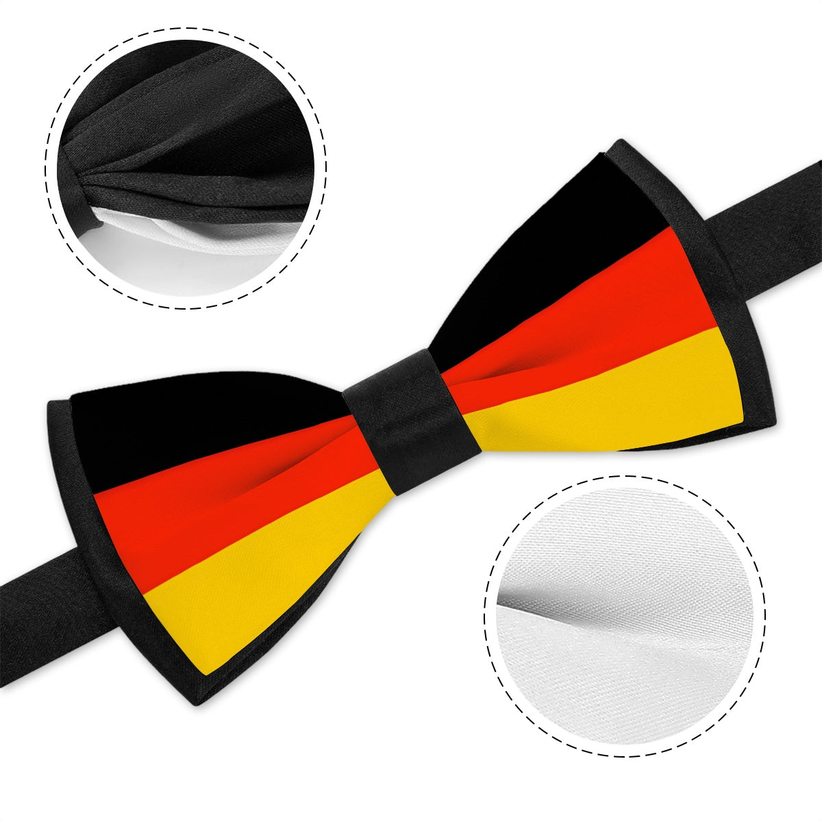 [Brand] bow tie in German flag colors, detailed view.