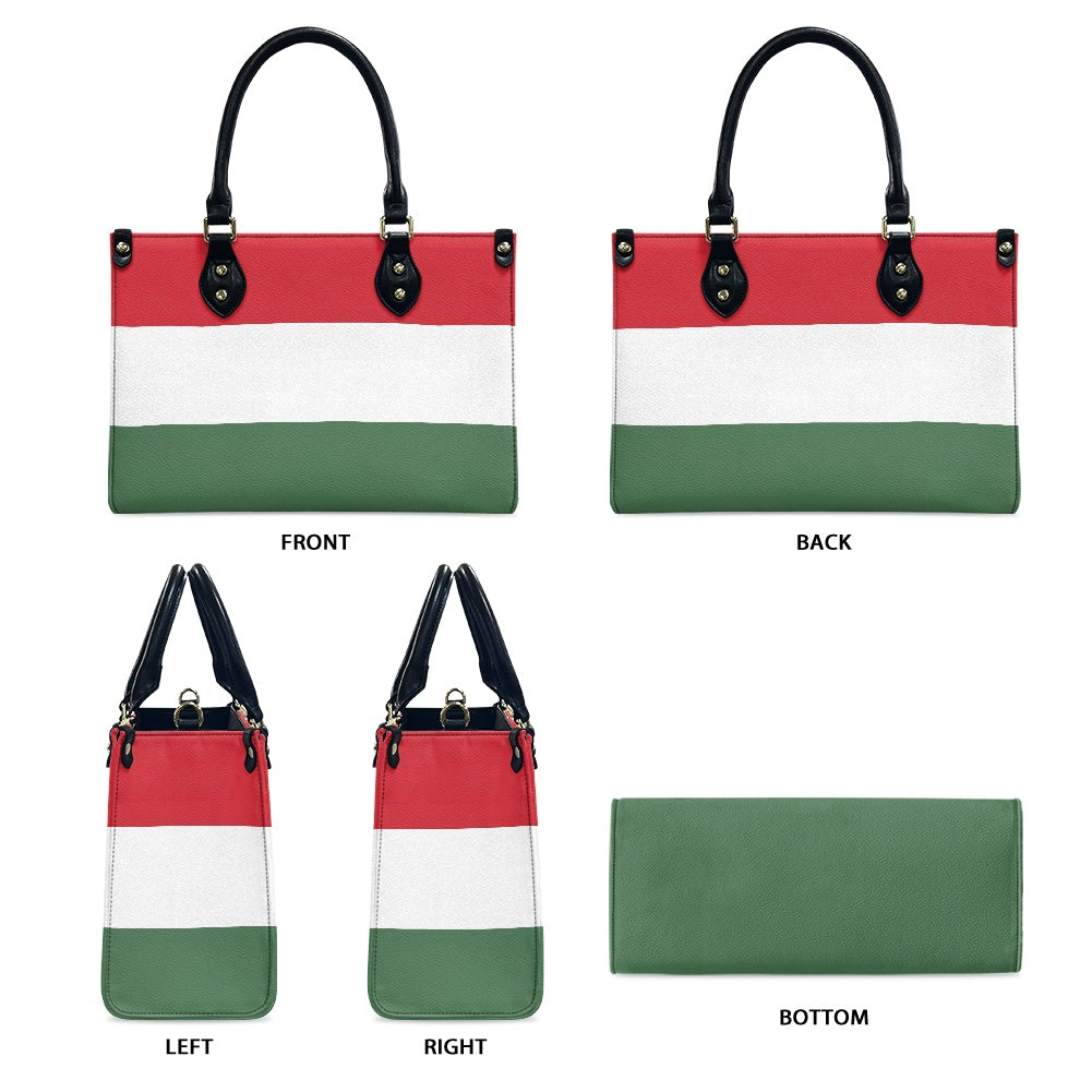 [Brand] handbag with Italian flag design, shown from angles.