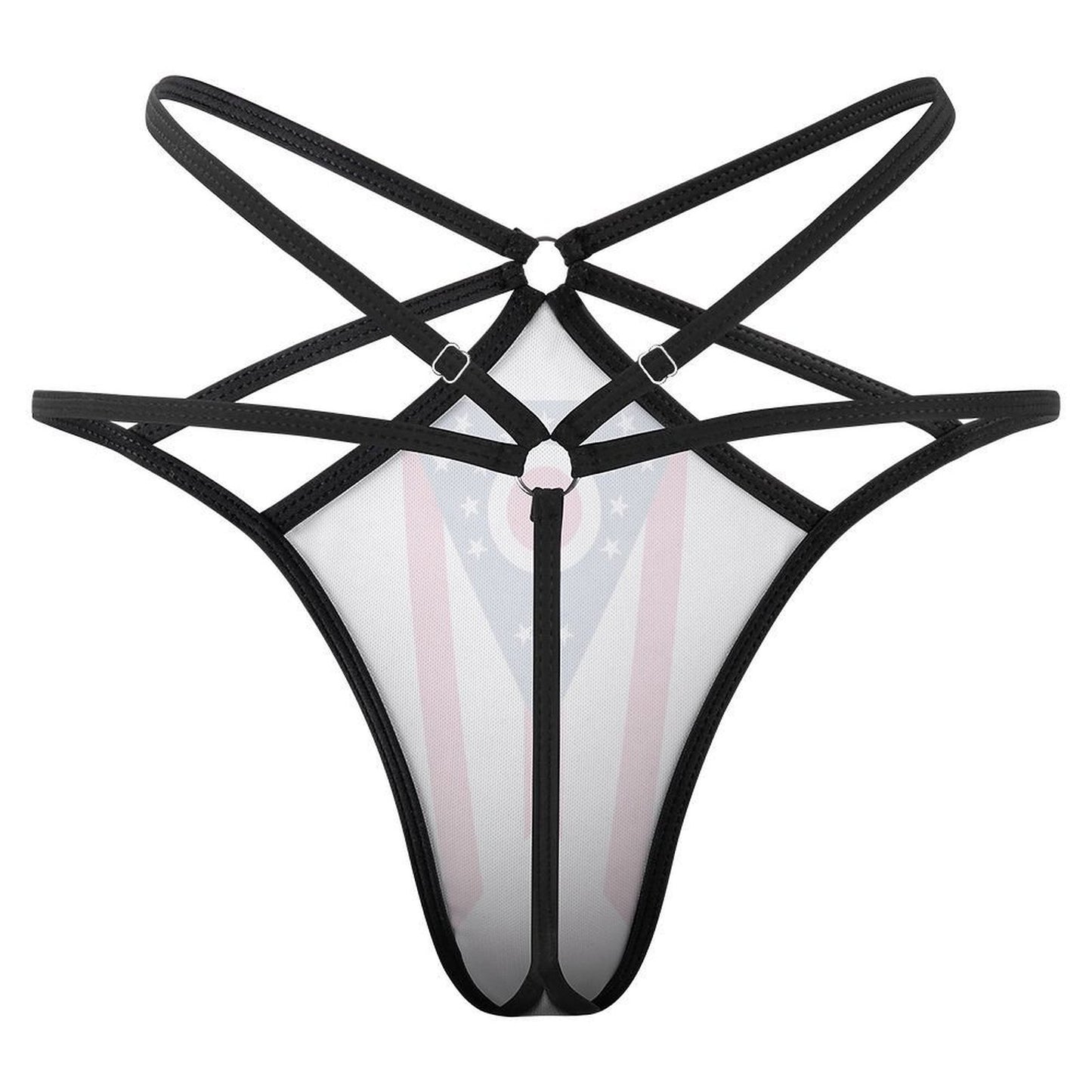 Black strappy lingerie with Ohio flag design, [Brand].