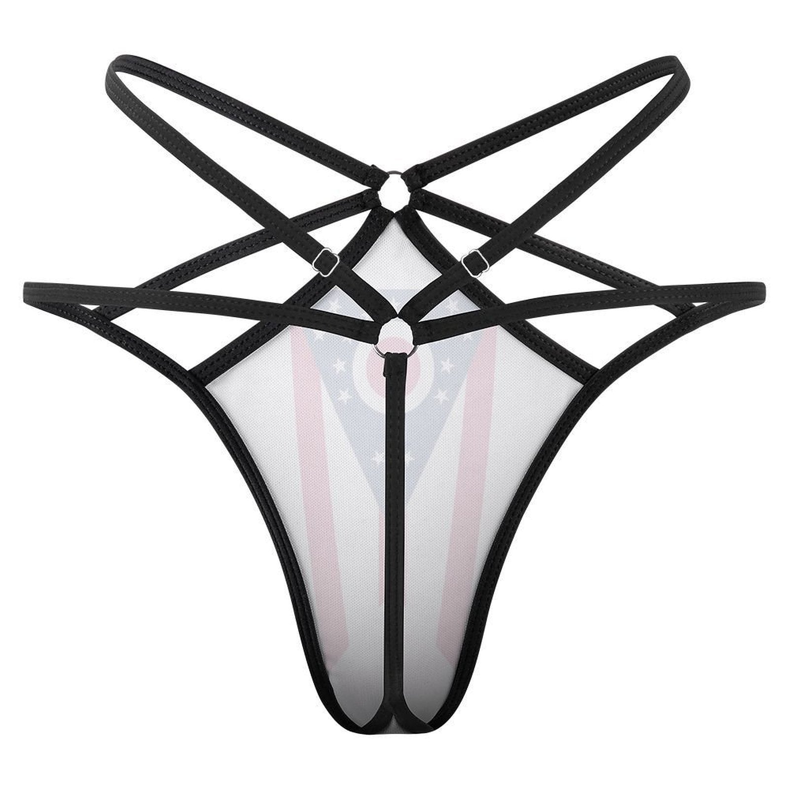 Black strappy lingerie with Ohio flag design, [Brand].